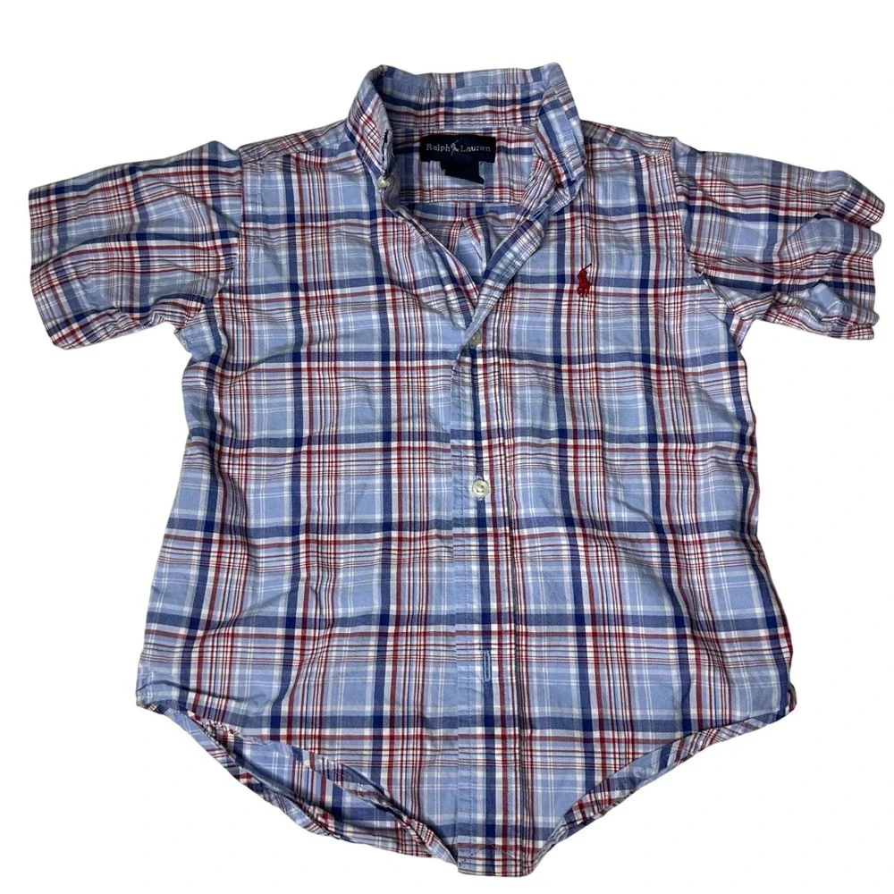 Ralph Lauren Toddler Boys Size 3T Blue Red Plaid Short Sleeve Button Down Shirt